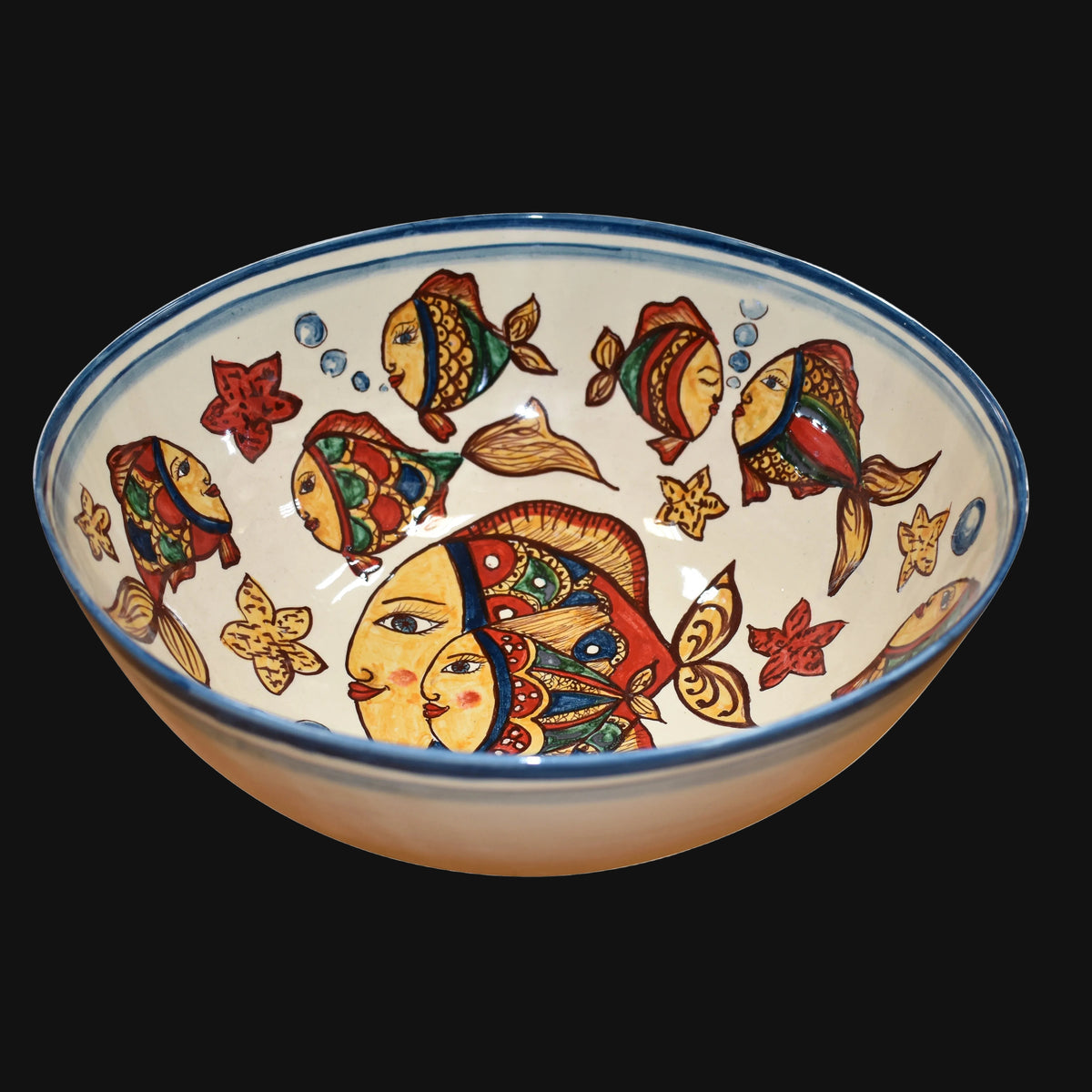 Salatschüssel Ø 35 cm / 13¾" aus Caltagirone-Keramik — Fisch-Dekor