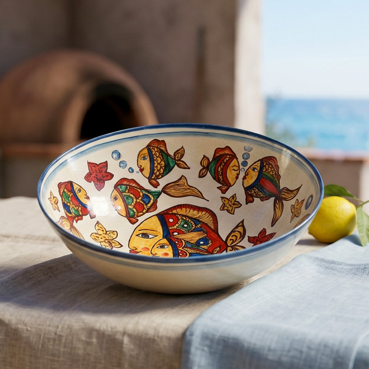 Salad Bowl Ø 35 cm / 13¾" in Caltagirone Ceramic — Fish Décor
