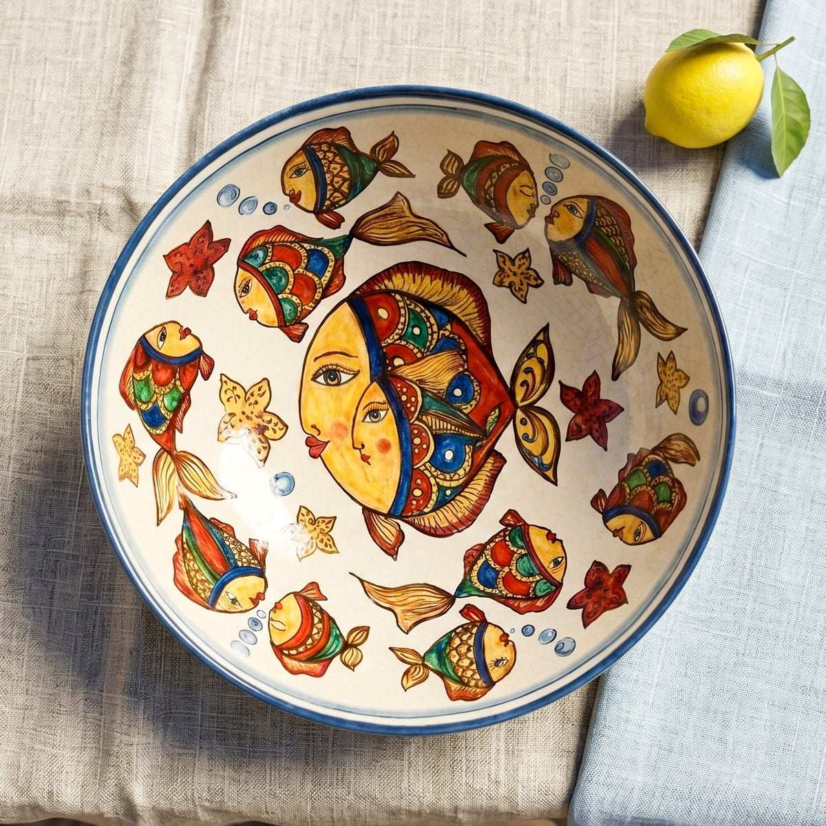 Salad Bowl Ø 35 cm / 13¾" in Caltagirone Ceramic — Fish Décor