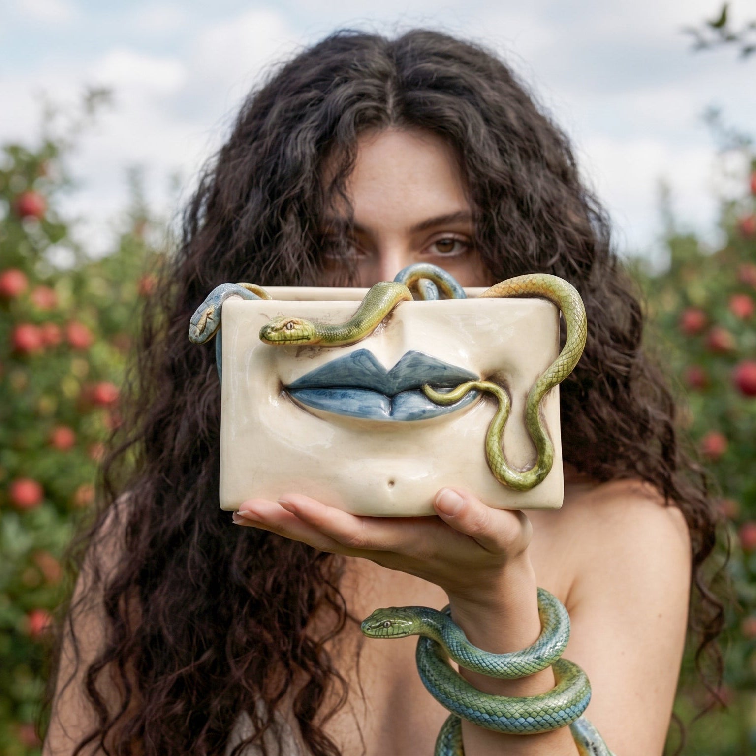 Caltagirone-Keramik Medusa-Dose — Blaue Lippen und Aufgesetzte Schlangen, Antikes Perlmutt