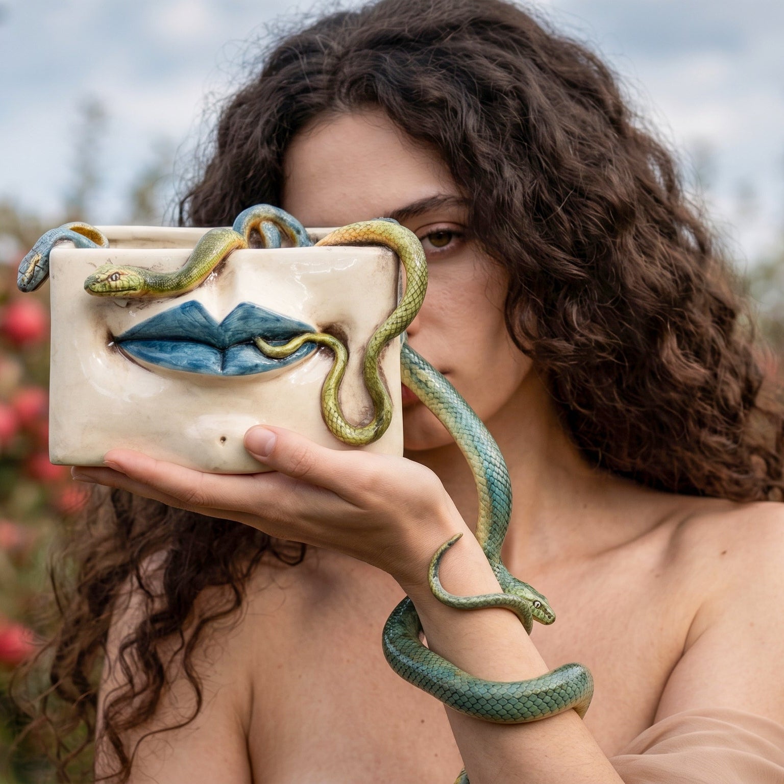 Caltagirone-Keramik Medusa-Dose — Blaue Lippen und Aufgesetzte Schlangen, Antikes Perlmutt