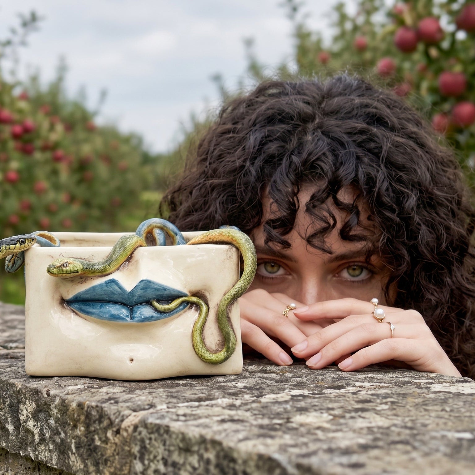 Caltagirone-Keramik Medusa-Dose — Blaue Lippen und Aufgesetzte Schlangen, Antikes Perlmutt