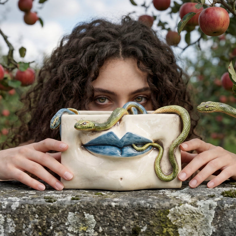 Caja Medusa de Cerámica de Caltagirone — Labios Azules y Serpientes Aplicadas, Madreperla Antiguo