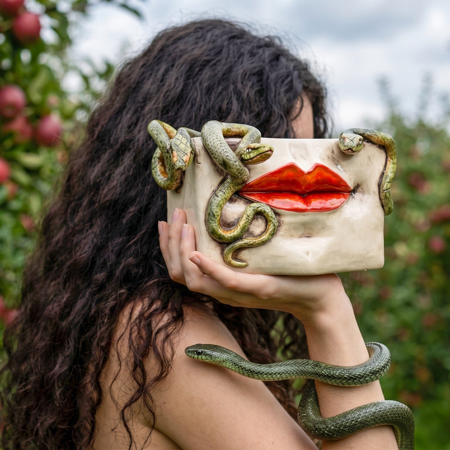 Caltagirone-Keramik Medusa-Dose — Gold- und Lüster-Lippen, Aufgesetzte Schlangen, Antikes Perlmutt
