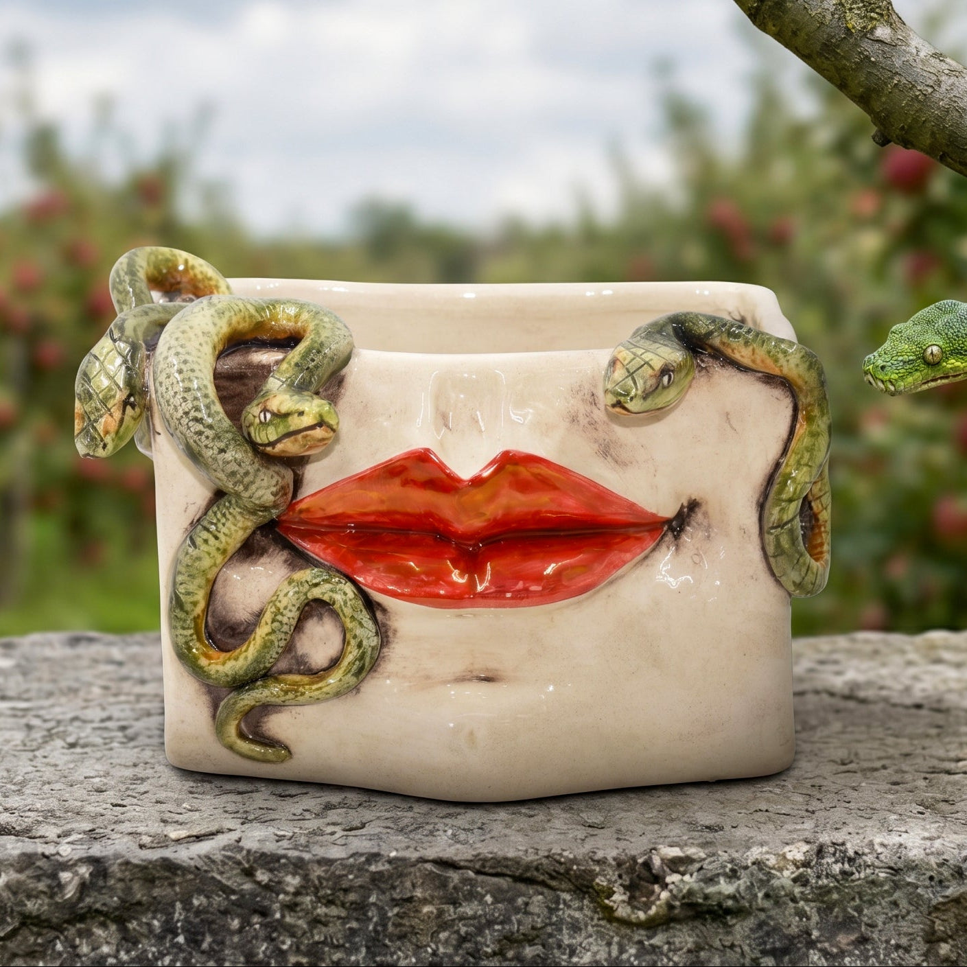 Caltagirone-Keramik Medusa-Dose — Gold- und Lüster-Lippen, Aufgesetzte Schlangen, Antikes Perlmutt