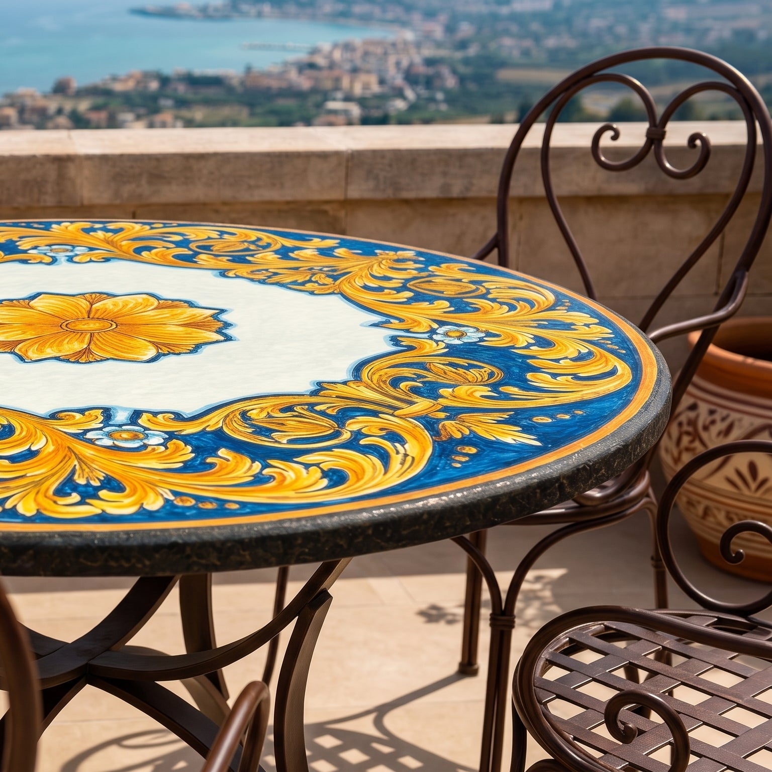 Sicilian Lava Stone Table, Blue Background – Sicilian majolica handcrafted in Caltagirone