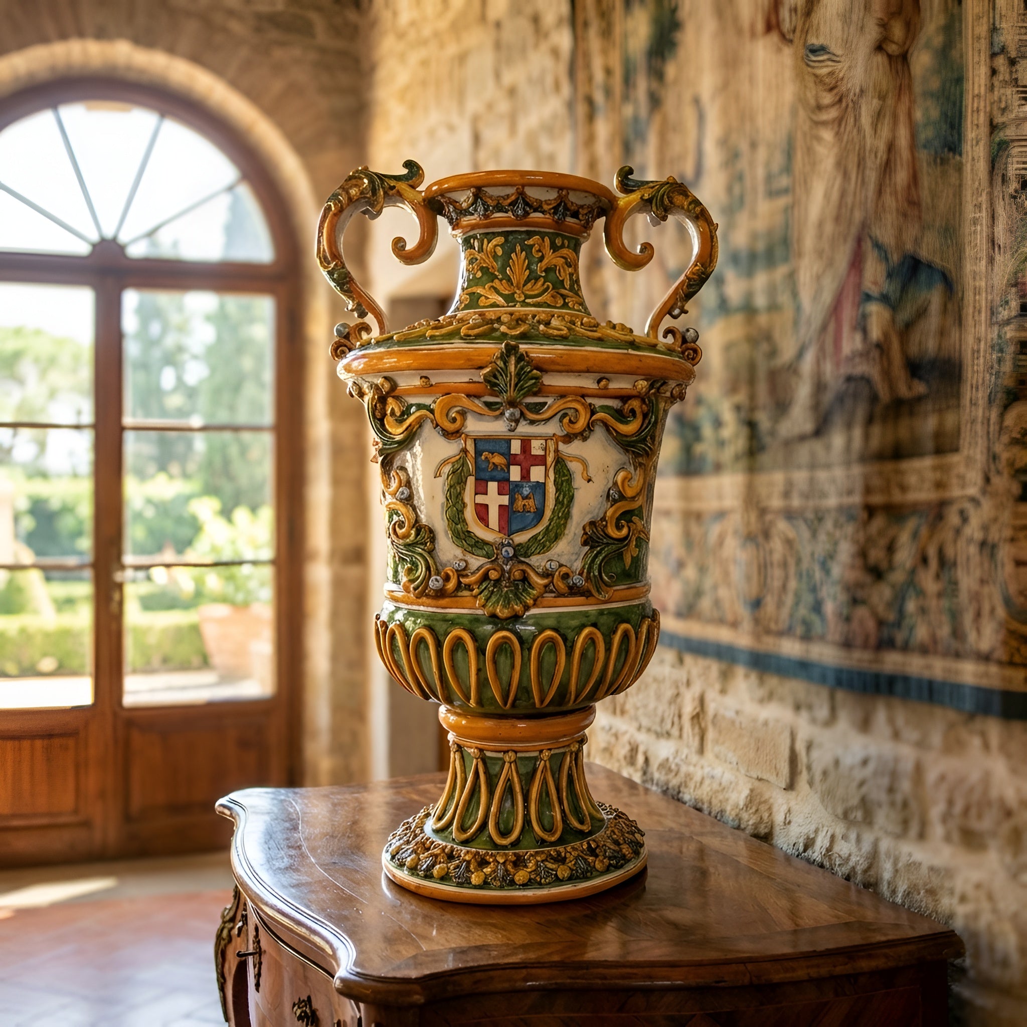 Monumental vase H 60 in limited edition, green background with Malta coat of arms