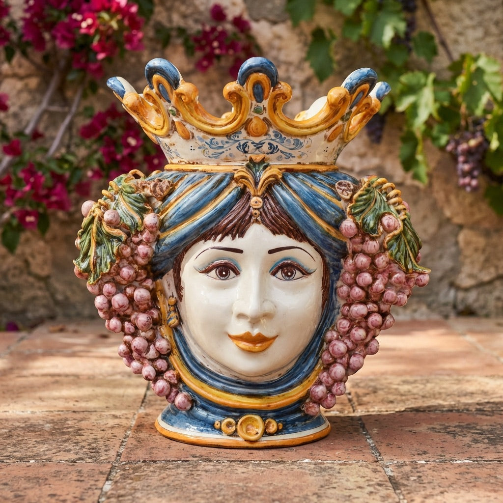 Ceramic Head with grapes h 40 blue/orange female