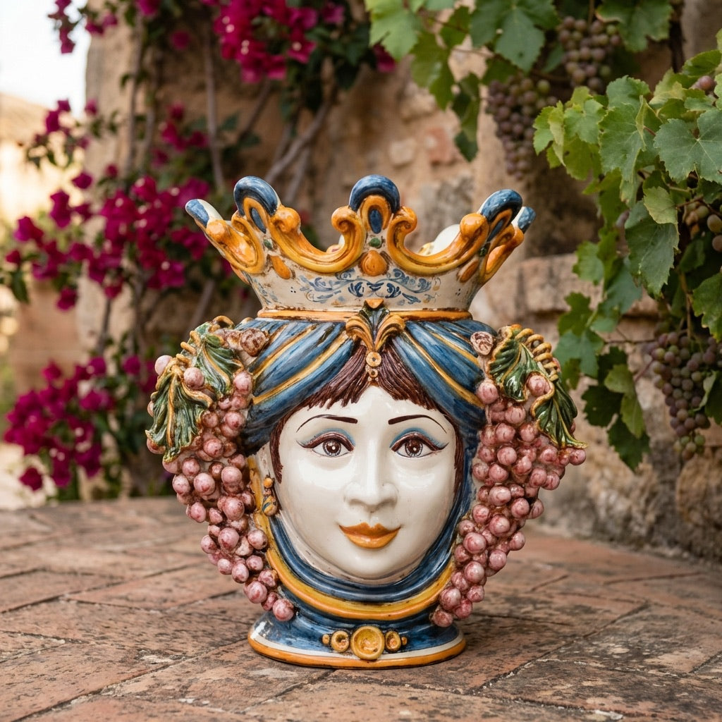 Sicilian Moor's Head with Grapes H 40 cm / 15.7", Woman, Blue and Orange – Testa di Moro from Caltagirone, Sicily