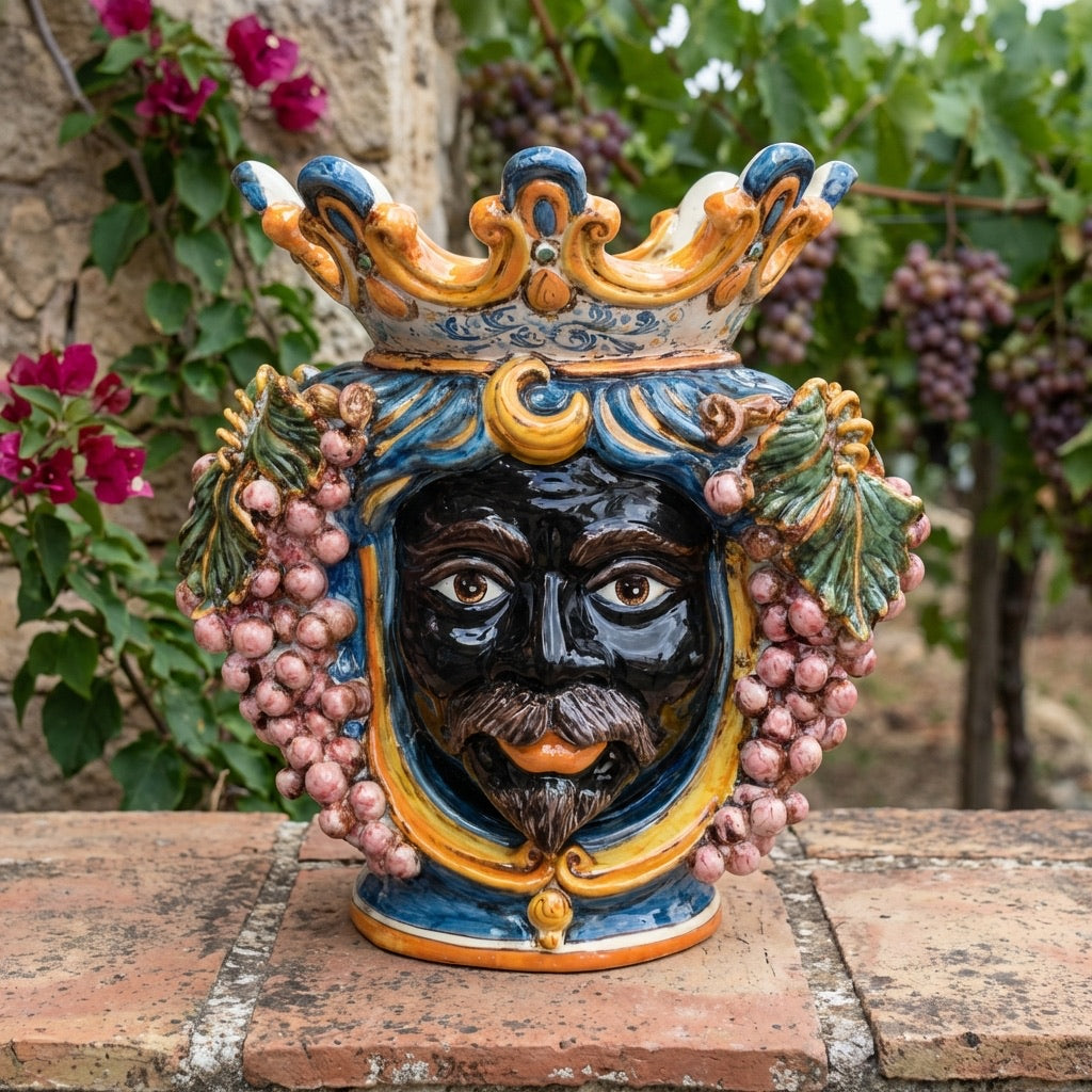 Ceramic Head with grapes h 40 blue/orange male