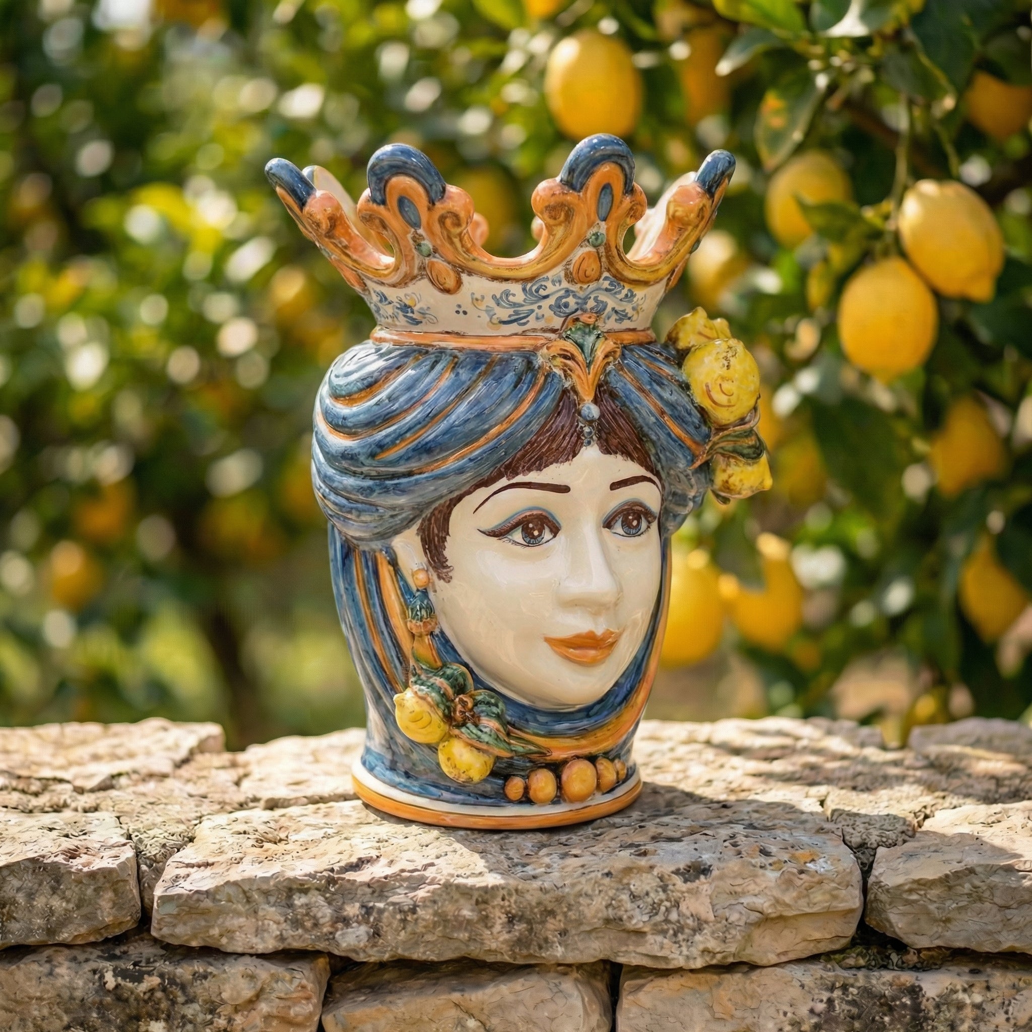 Ceramic Head with lemons h 40 blu/orange male
