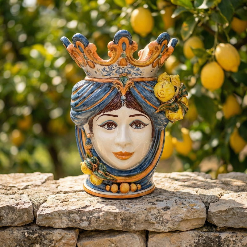 Caltagirone Keramik Maurenkopf-Vase mit Zitronen H 40 cm — Frau, Blau und Orange