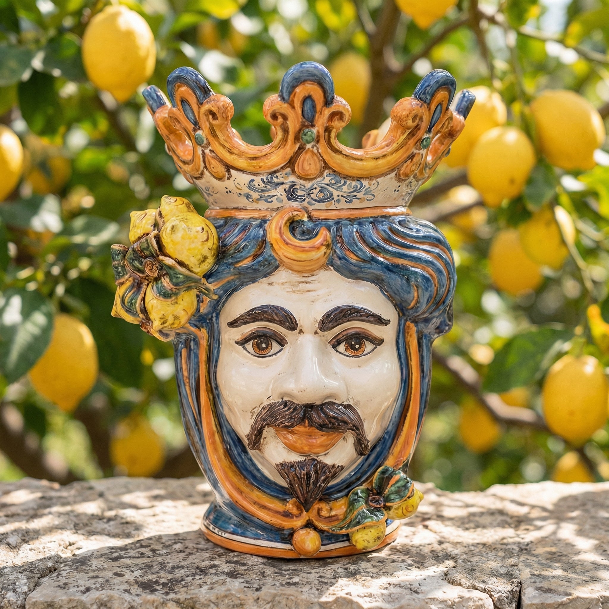 Moor's Head Vase with Lemons H 40 cm / 15.7", White Man, Blue and Orange – Testa di Moro from Caltagirone, Sicily