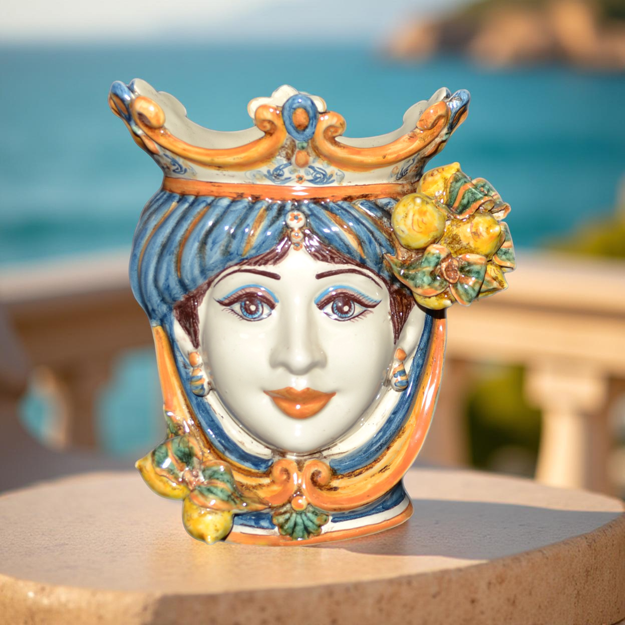 Ceramic Head with lemons h 25 blu/orange female