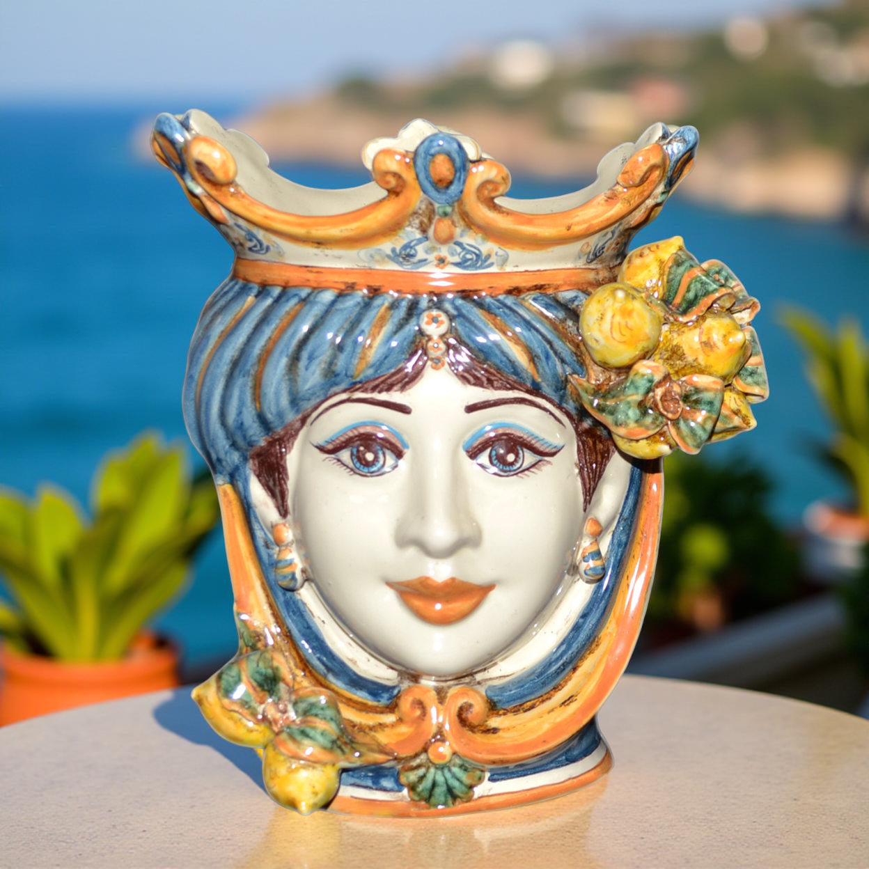 Ceramic Head with lemons h 25 blu/orange female