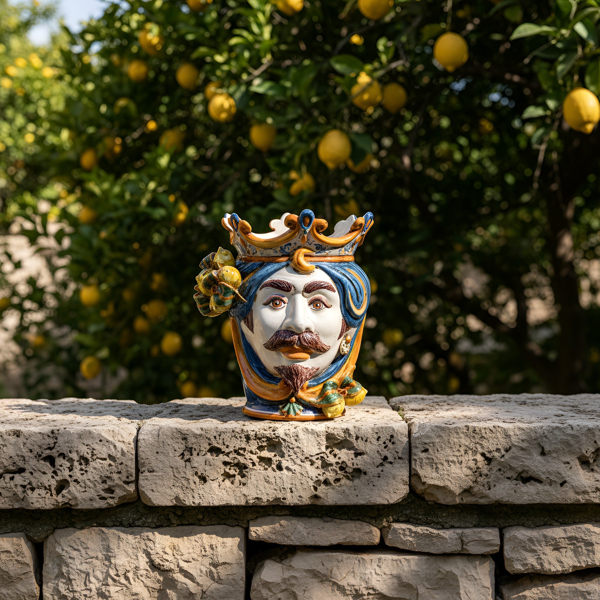 Sicilian Head Vase with Lemons H 25 cm / 9.8", White Man, Blue and Orange – Testa di Moro from Caltagirone, Sicily