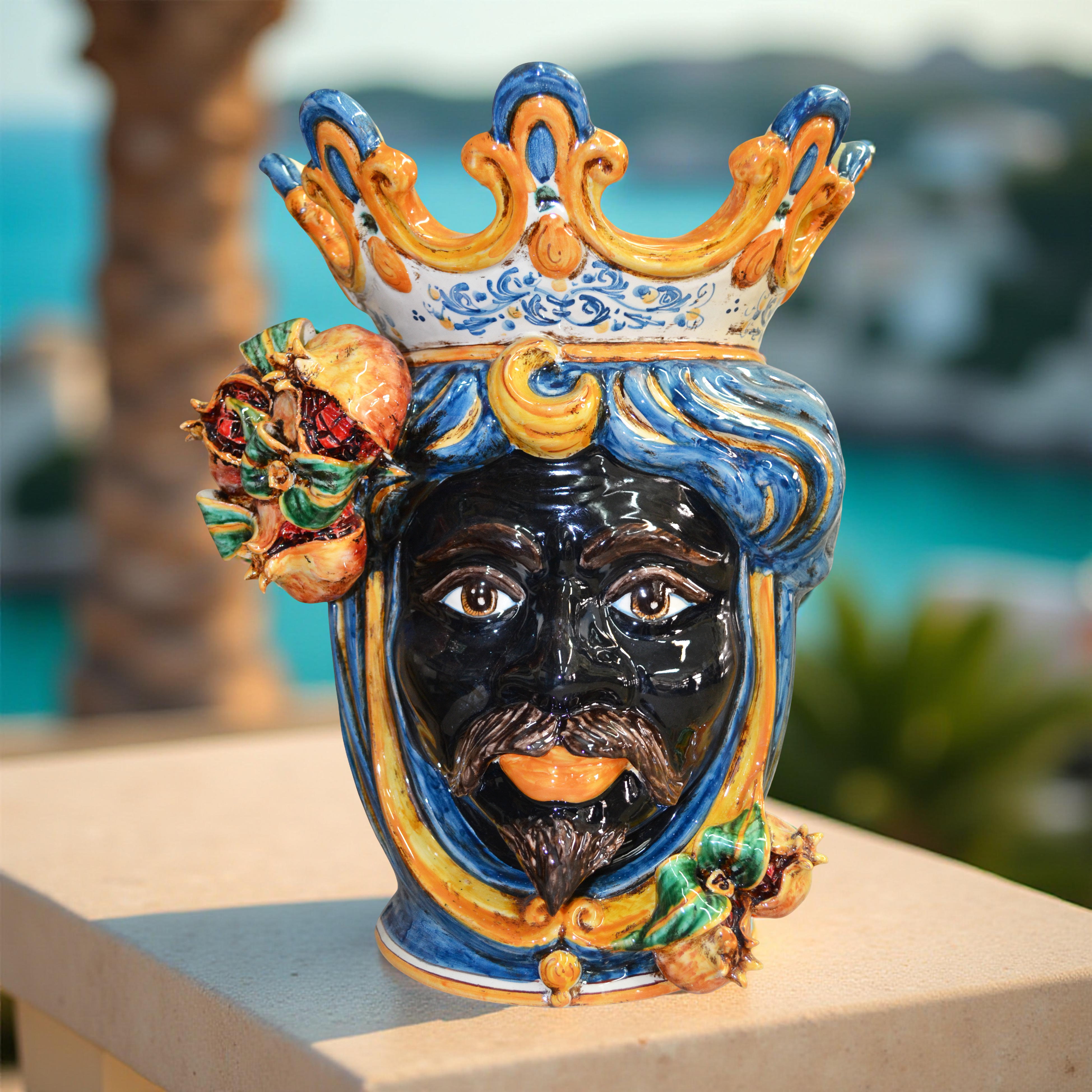 Ceramic Head with pomegranate h 40 blu/orange male