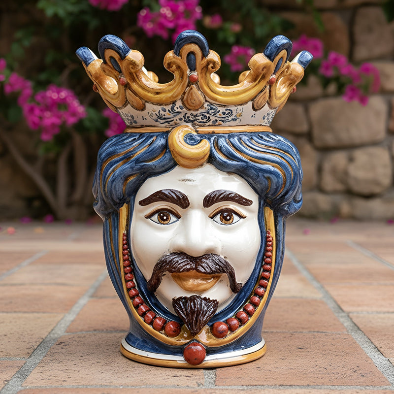 Moro-Kopf-Vase mit Perlen H 40 cm, Weißer Mann, Decoro Sicily – Testa di Moro aus Caltagirone, Sizilien