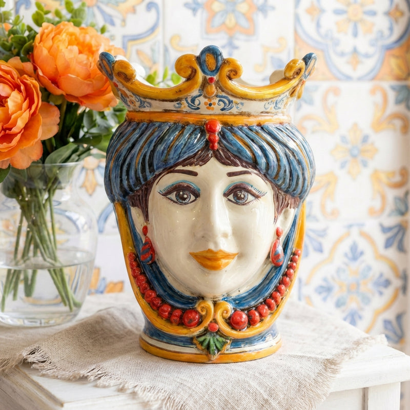 Caltagirone Moor's Head Vase h 25 cm — Female, Decoro Sicily, with Beads | Ceramica Caltagirone