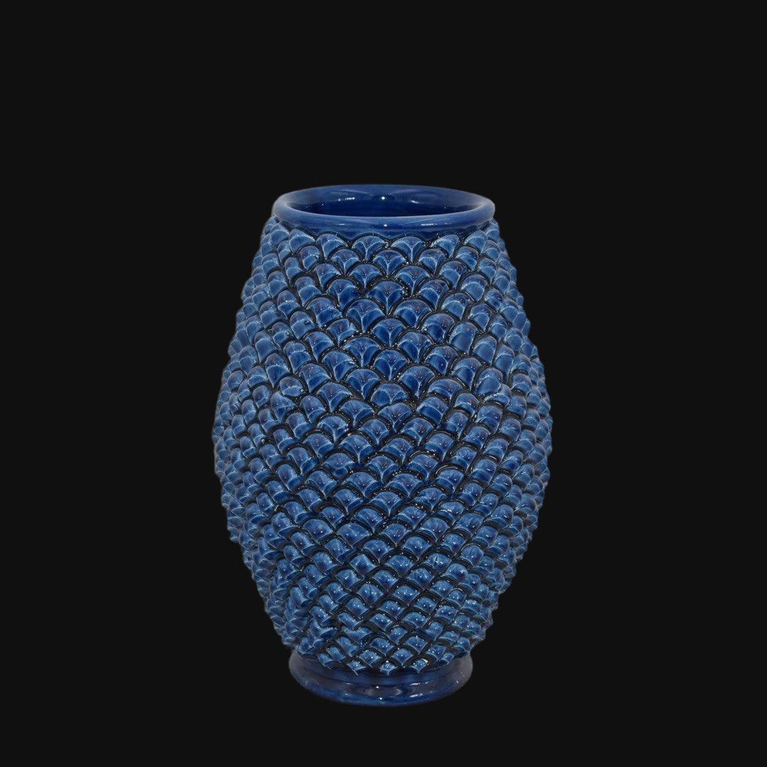 Caltagirone handmade pinecone vase modeled by hand height 25 in integral blue