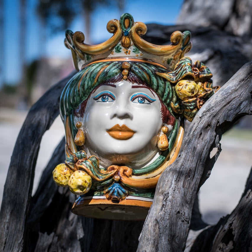Sicilian Head Vase with Lemons H 25 cm / 9.8", Woman, Green and Orange – Testa di Moro from Caltagirone, Sicily