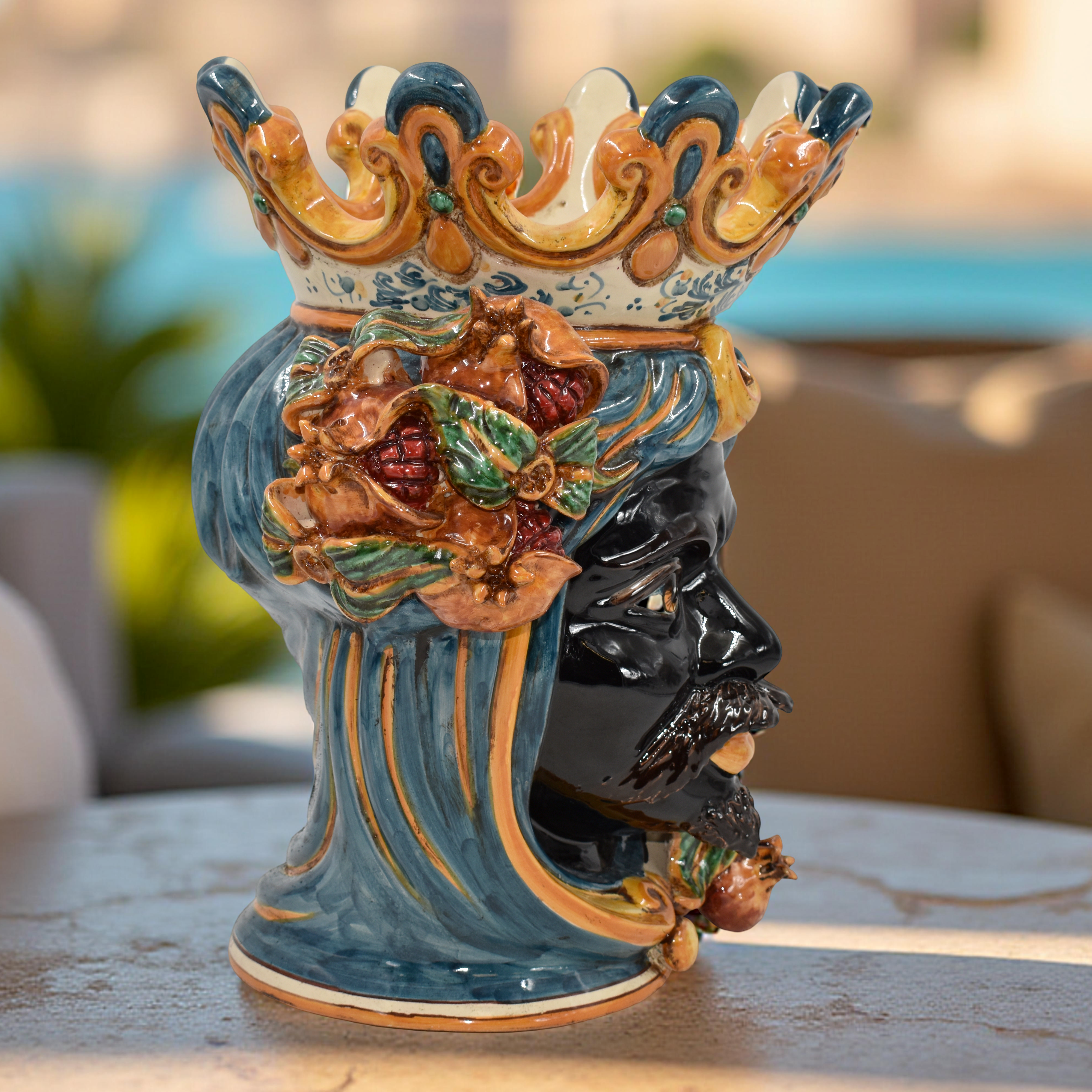 Ceramic Head with pomegranate h 40 blu/orange male