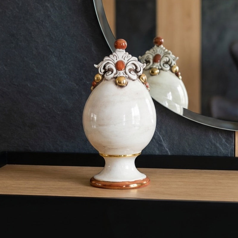 Sicilian Decorative Ceramic Egg H 18 cm / 7.1", Mother of Pearl – Sicilian majolica handcrafted in Caltagirone