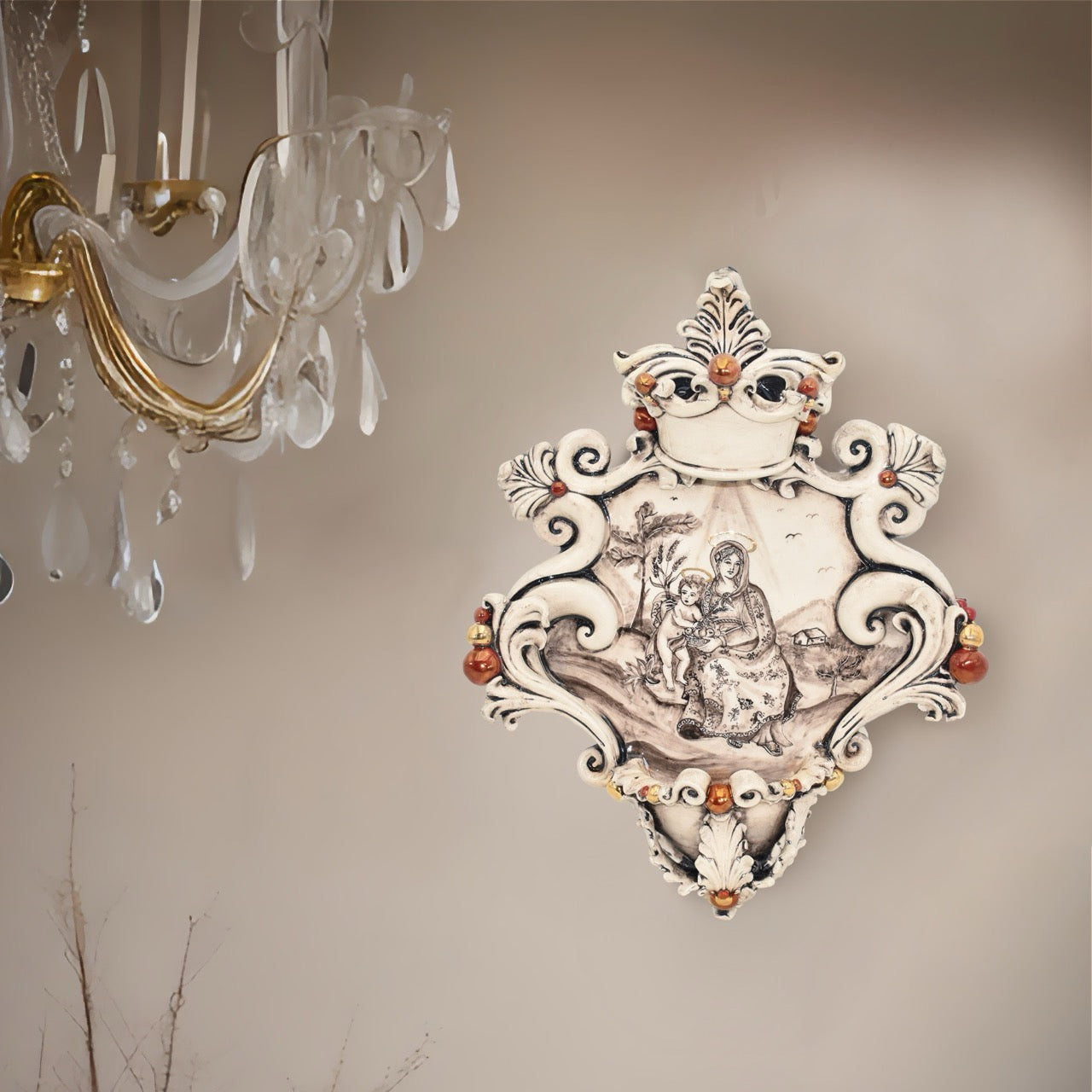 Acquasantiera grande appl 25×35 madonna valderice madreperla antichizzato oro e lustri - Serie Limitata - Ceramiche di Caltagirone Sofia