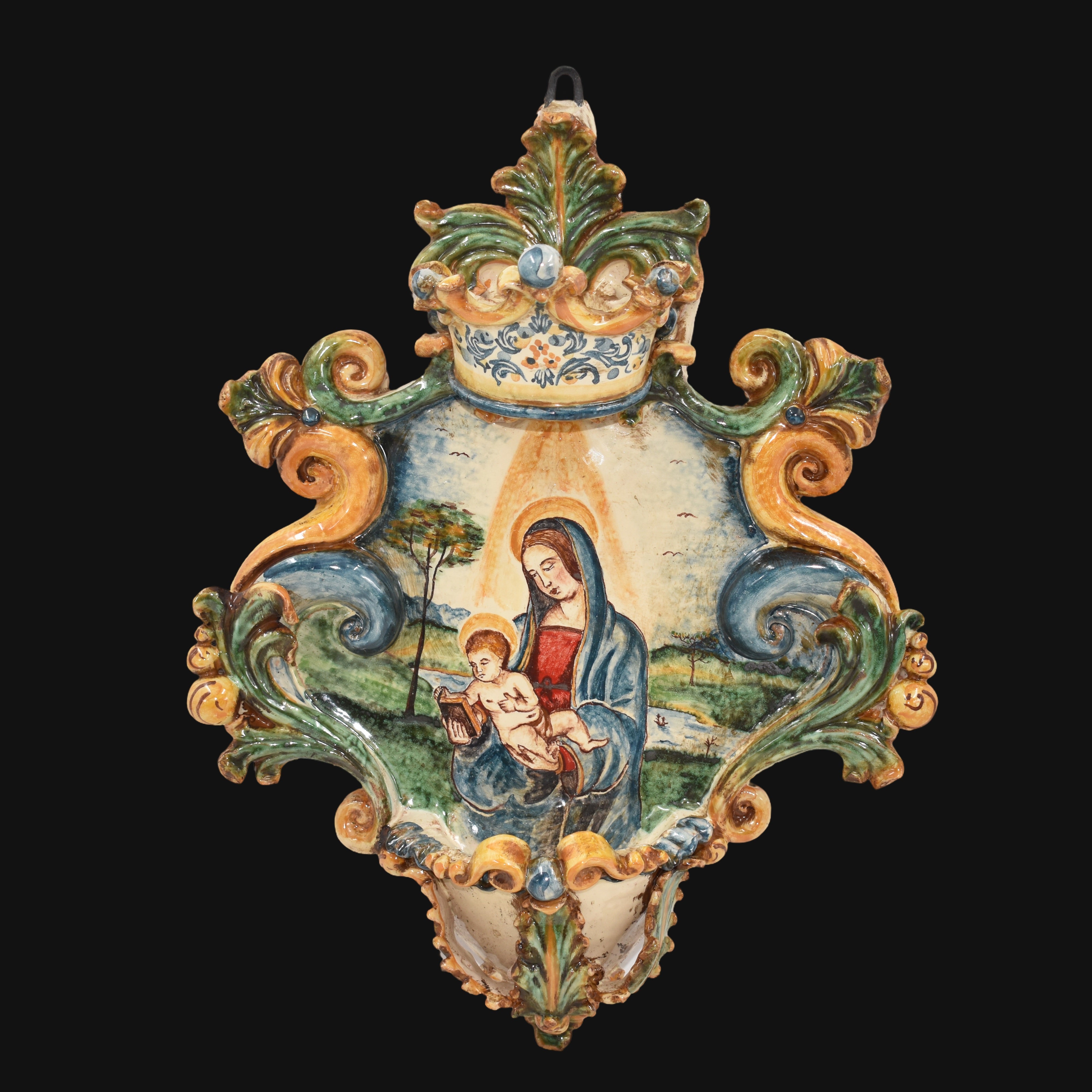 Acquasantiera grande appl 25x35 di raffaello/madonna con libro tricolore - Ceramiche di Caltagirone Sofia