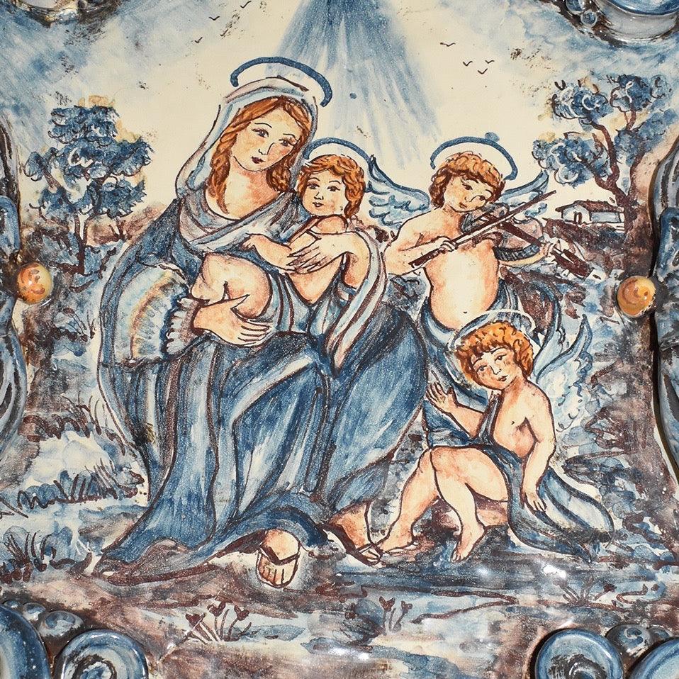 Acquasantiera maxi appl rettangolare 35×45 angeli musici mono blu - Ceramiche di Caltagirone Sofia