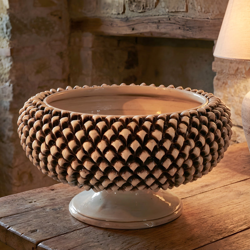 Pinienzapfen-Etagere Tortenständer Ø 25/33 cm, Antikes Perlmutt – Italienischer Pinienzapfen Keramik aus Caltagirone, Sizilien