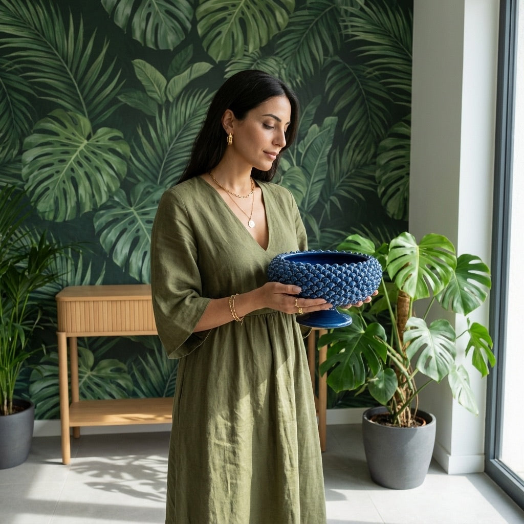 Donna con centrotavola blu ceramiche Caltagirone fatti a mano in ambiente moderno