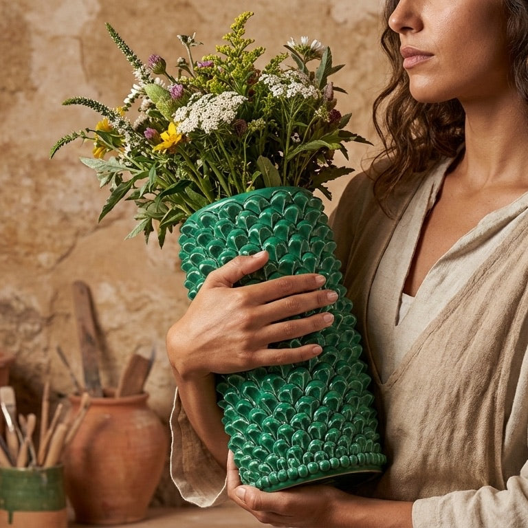 Vaso Pigna cilindro modellata a mano in verde smeraldo