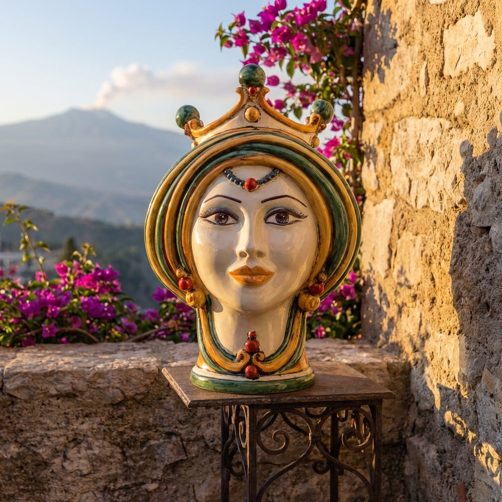 Moorish Head h 30 green and orange - Modern Moorish heads Sofia Ceramiche