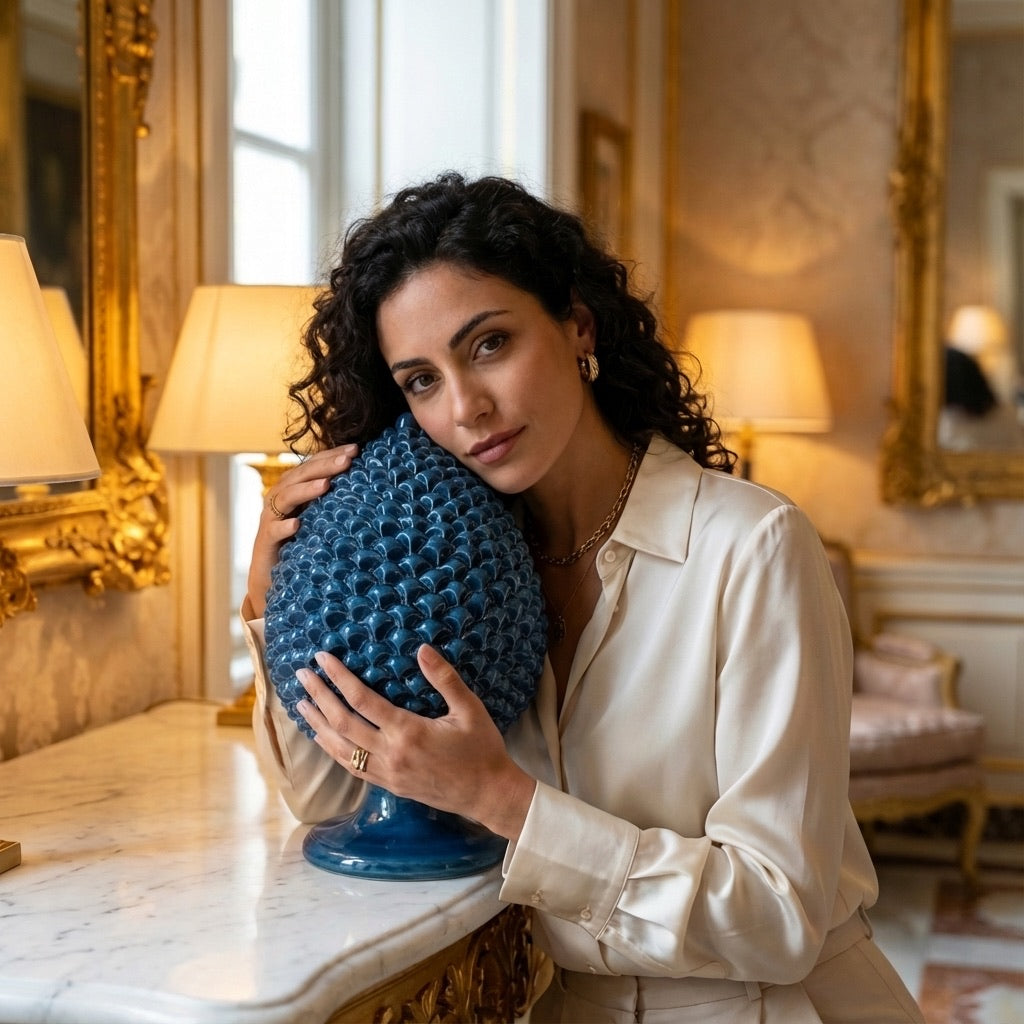 Caltagirone handmade pinecone modeled by hand height 25/40 in integral blue