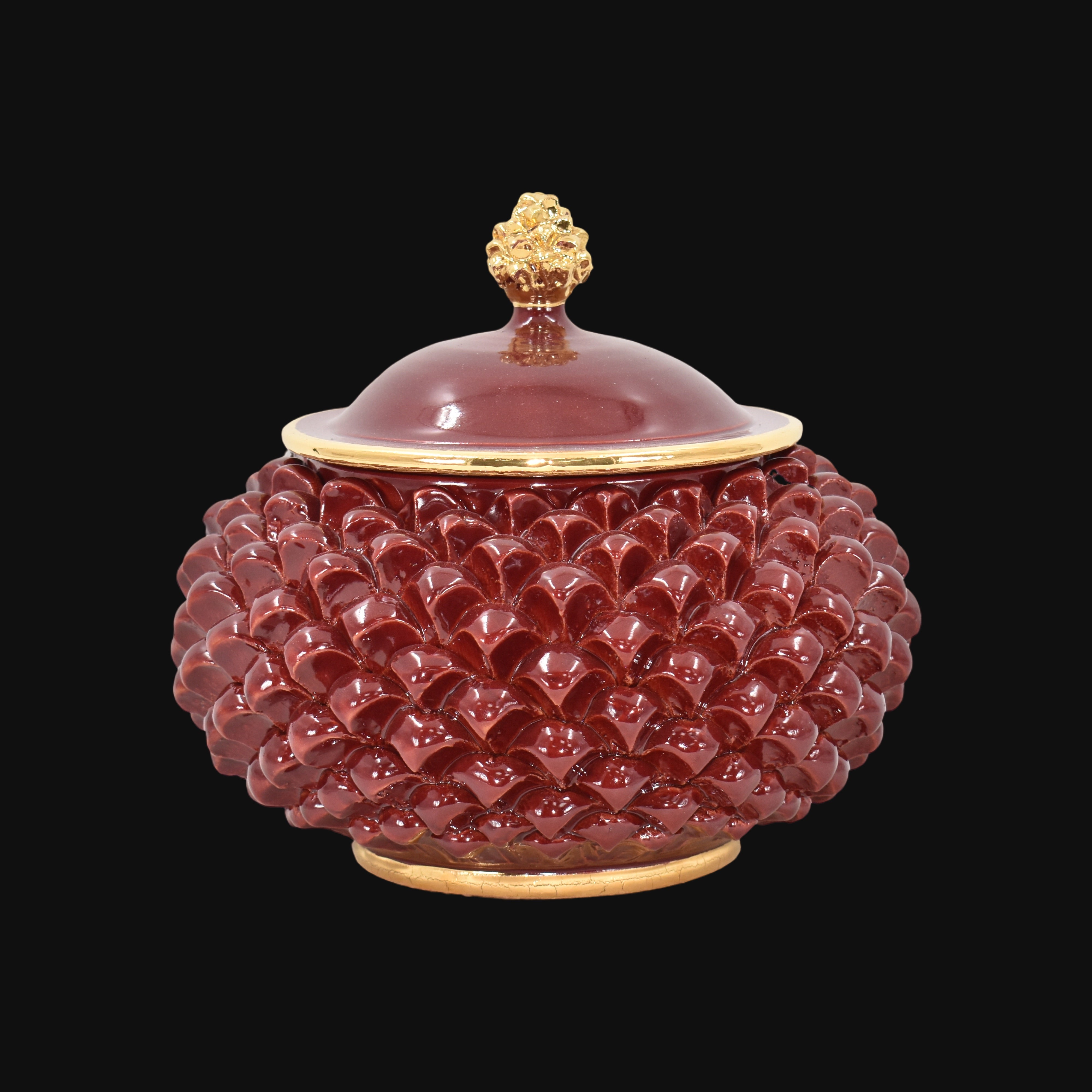 Pinienzapfen-Keksdose aus Caltagirone-Keramik Ø 20 cm — Bordeaux und Gold