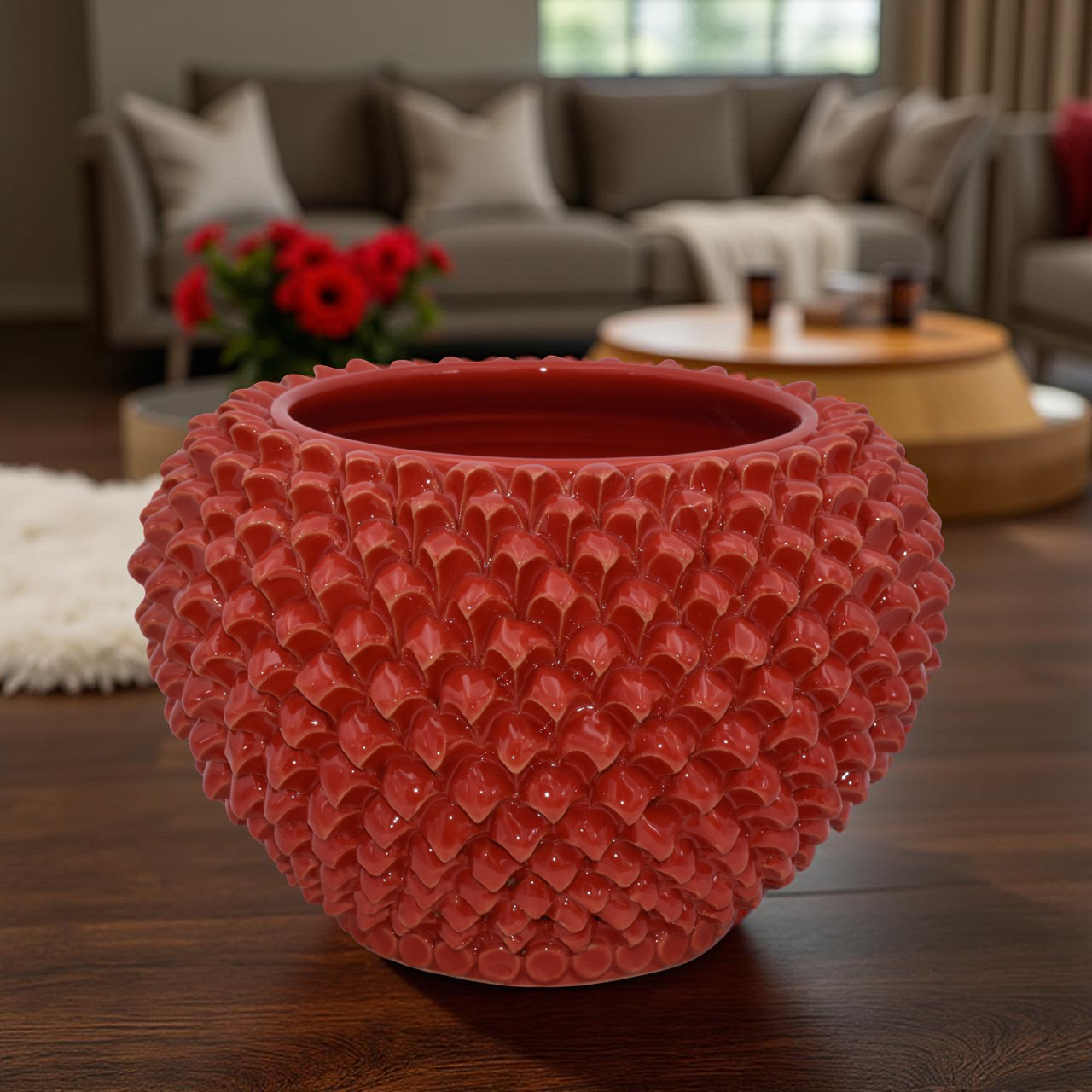 Cachepot a pigna Rosso Fuoco in ceramica artigianale di Caltagirone - Ceramiche di Caltagirone Sofia