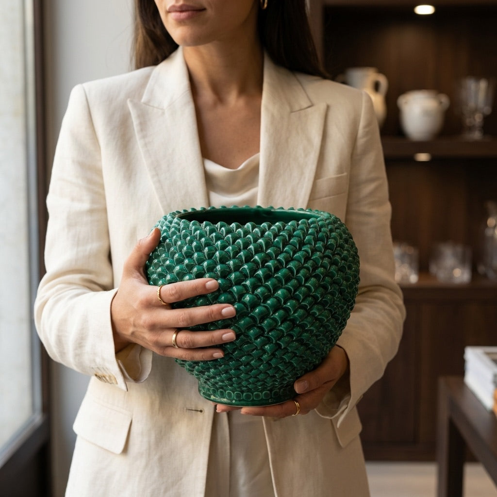 Cachepot a pigna Verde Smeraldo in ceramica artigianale di Caltagirone - Ceramiche di Caltagirone Sofia