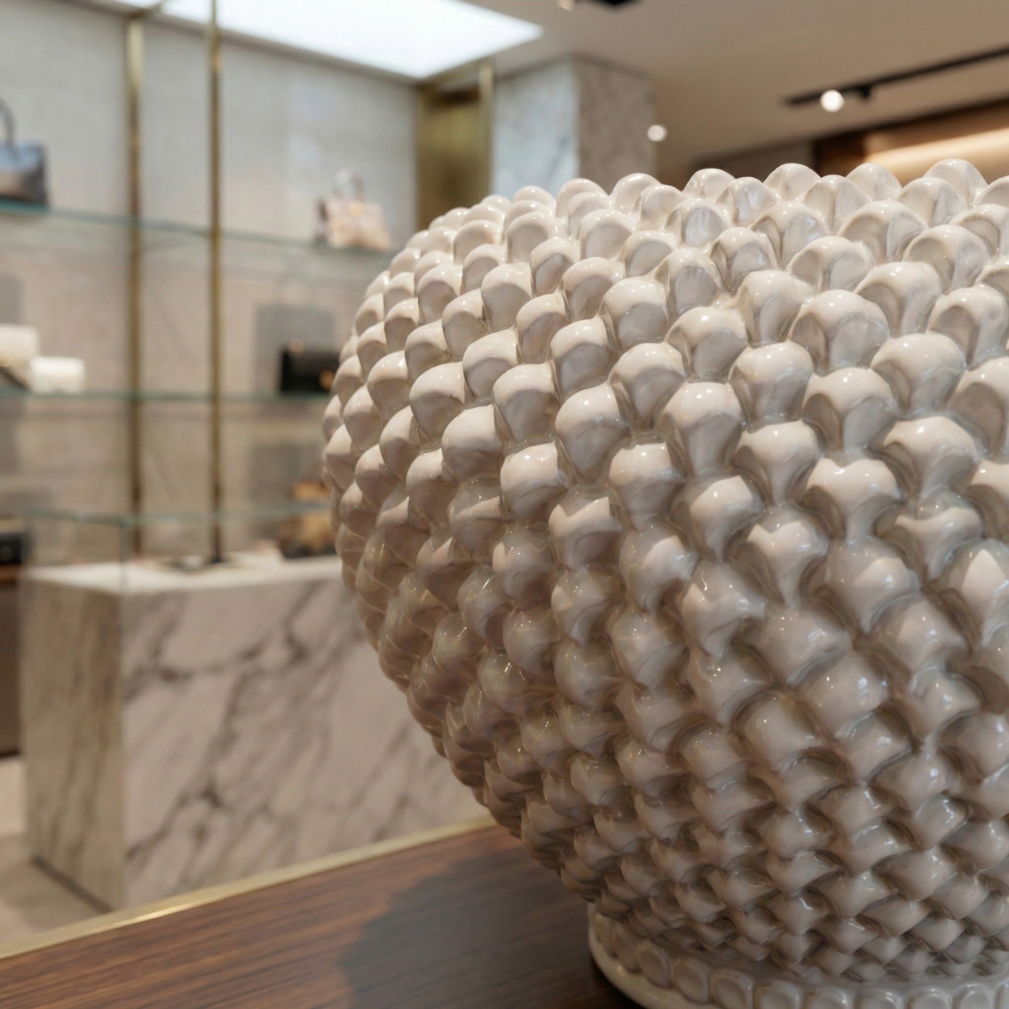 White line pine cone cachepot in handcrafted ceramic from Caltagirone