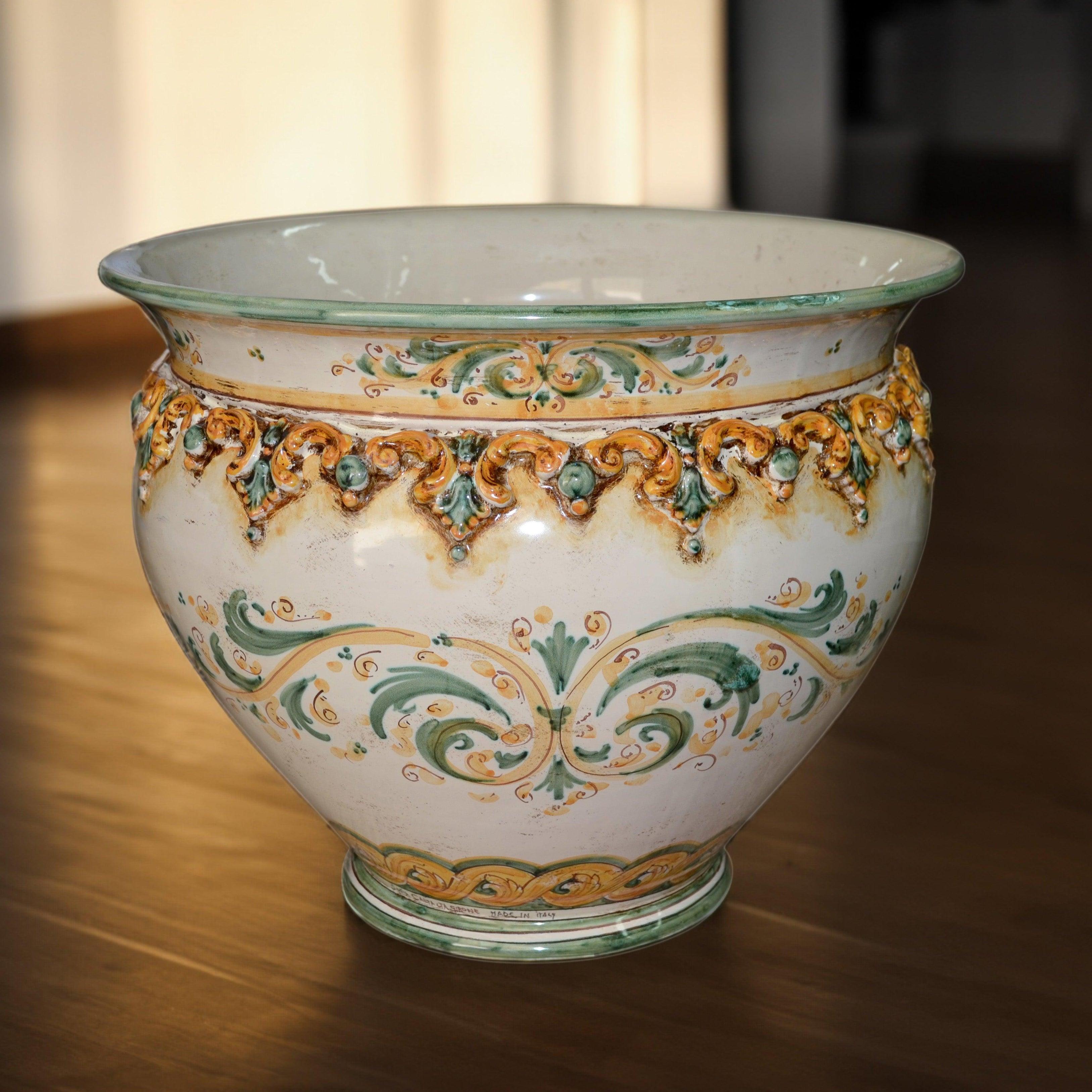 Cachepot in Ceramica Sofia Verde e Arancio - Misure da Ø 30 a Ø 50 cm - Ceramiche di Caltagirone Sofia
