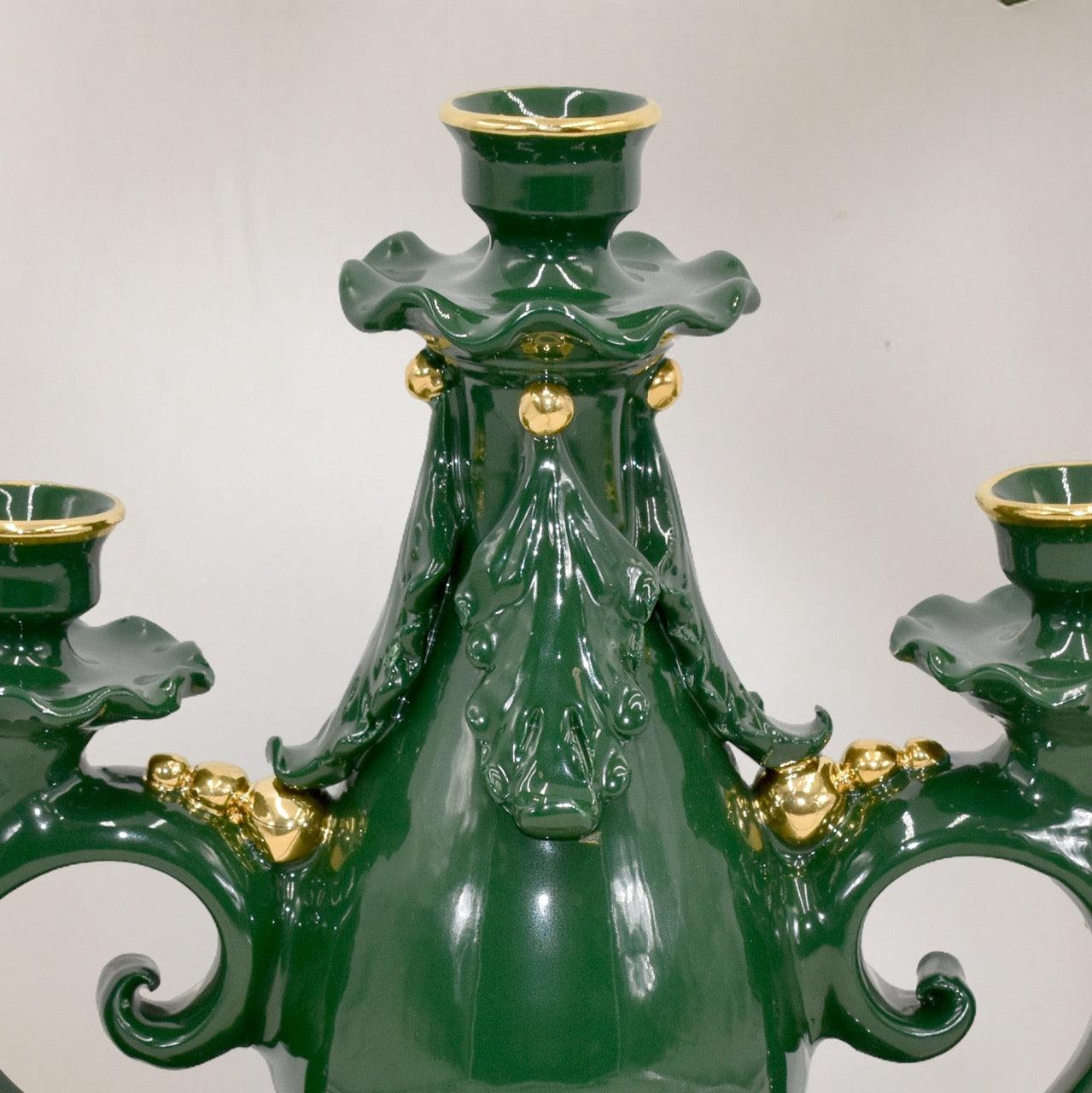 Candelabro in ceramica 3 fuochi h 28 plastico sofia verde e oro - Ceramiche di Caltagirone Sofia