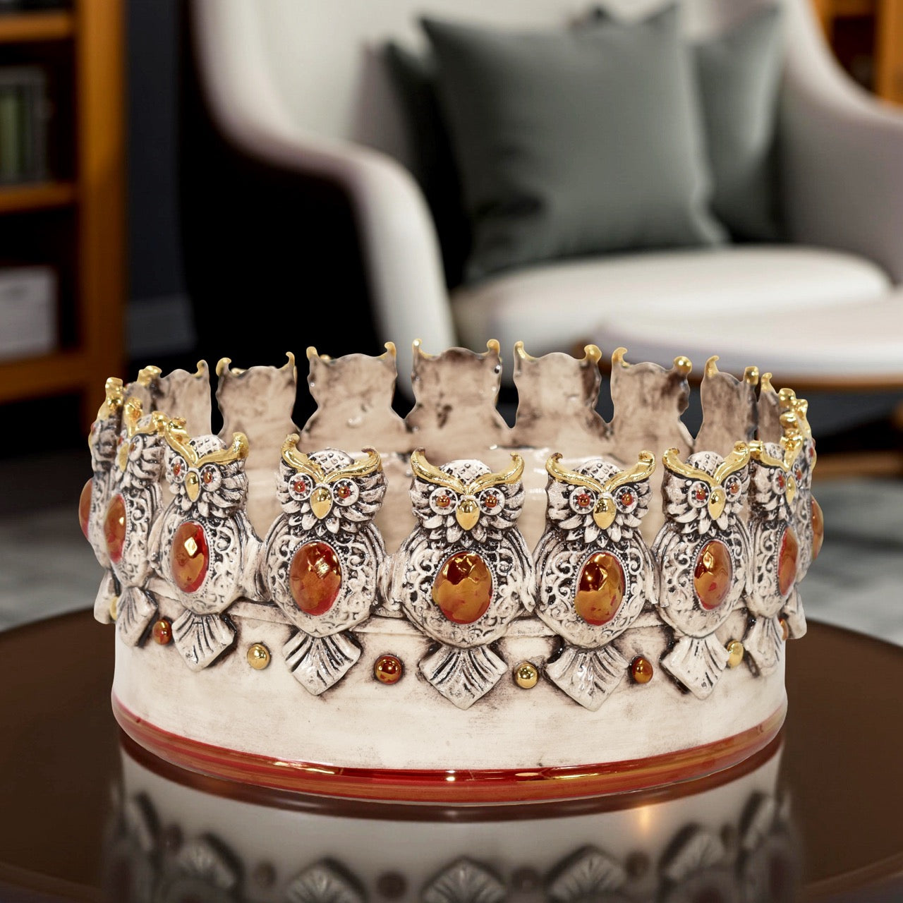 Centrotavola Ø 22 con Gufi in Rilievo - Madreperla Oro e Lustri - Ceramiche di Caltagirone Sofia