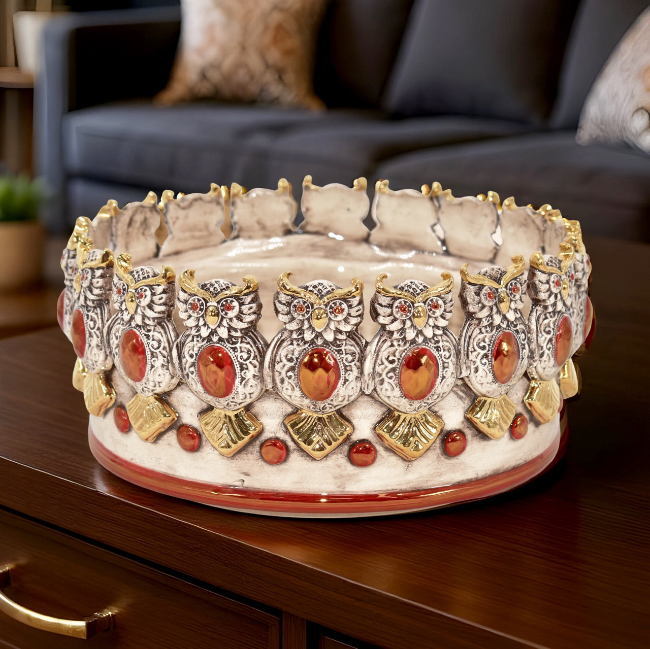 Centrotavola Ø 22 con Gufi in Rilievo - Madreperla Oro e Lustri - Ceramiche di Caltagirone Sofia