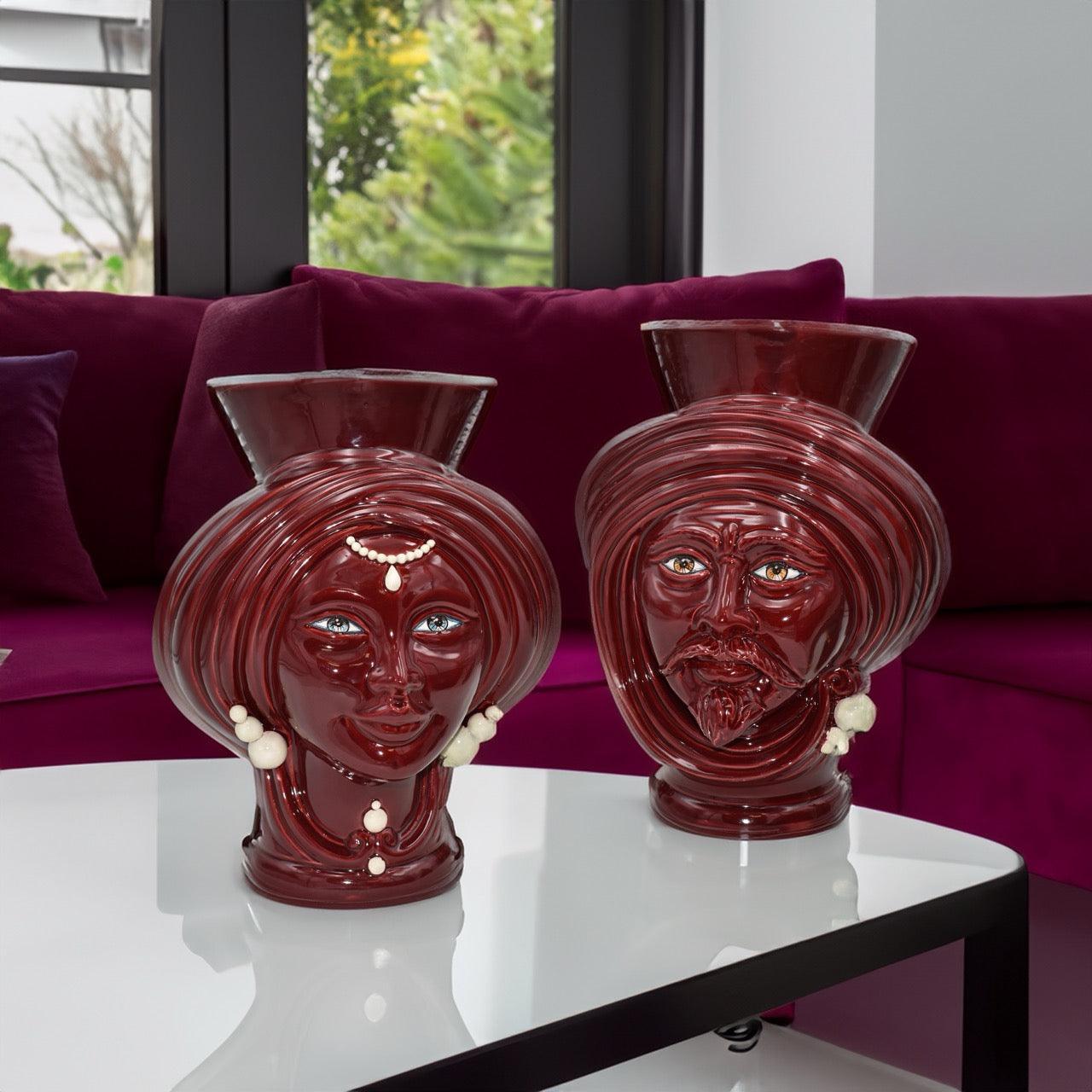 Coppia di Testa h 30 Bordeaux c/perline - Ceramiche di Caltagirone Sofia