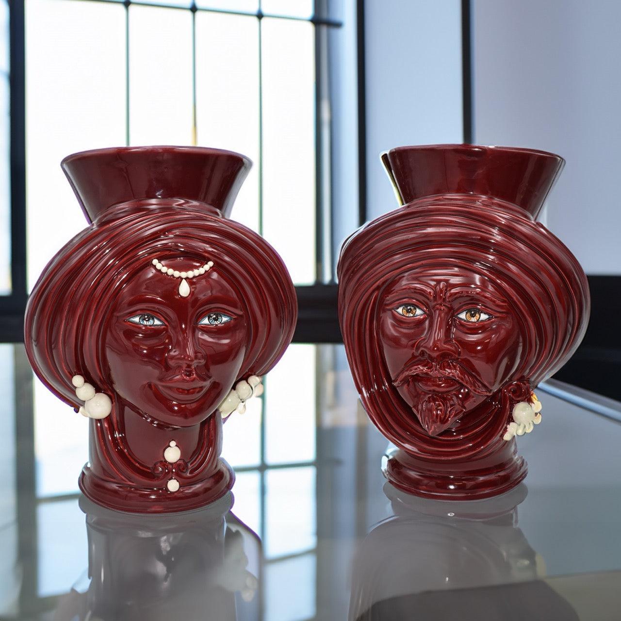 Coppia di Testa h 30 Bordeaux c/perline - Ceramiche di Caltagirone Sofia