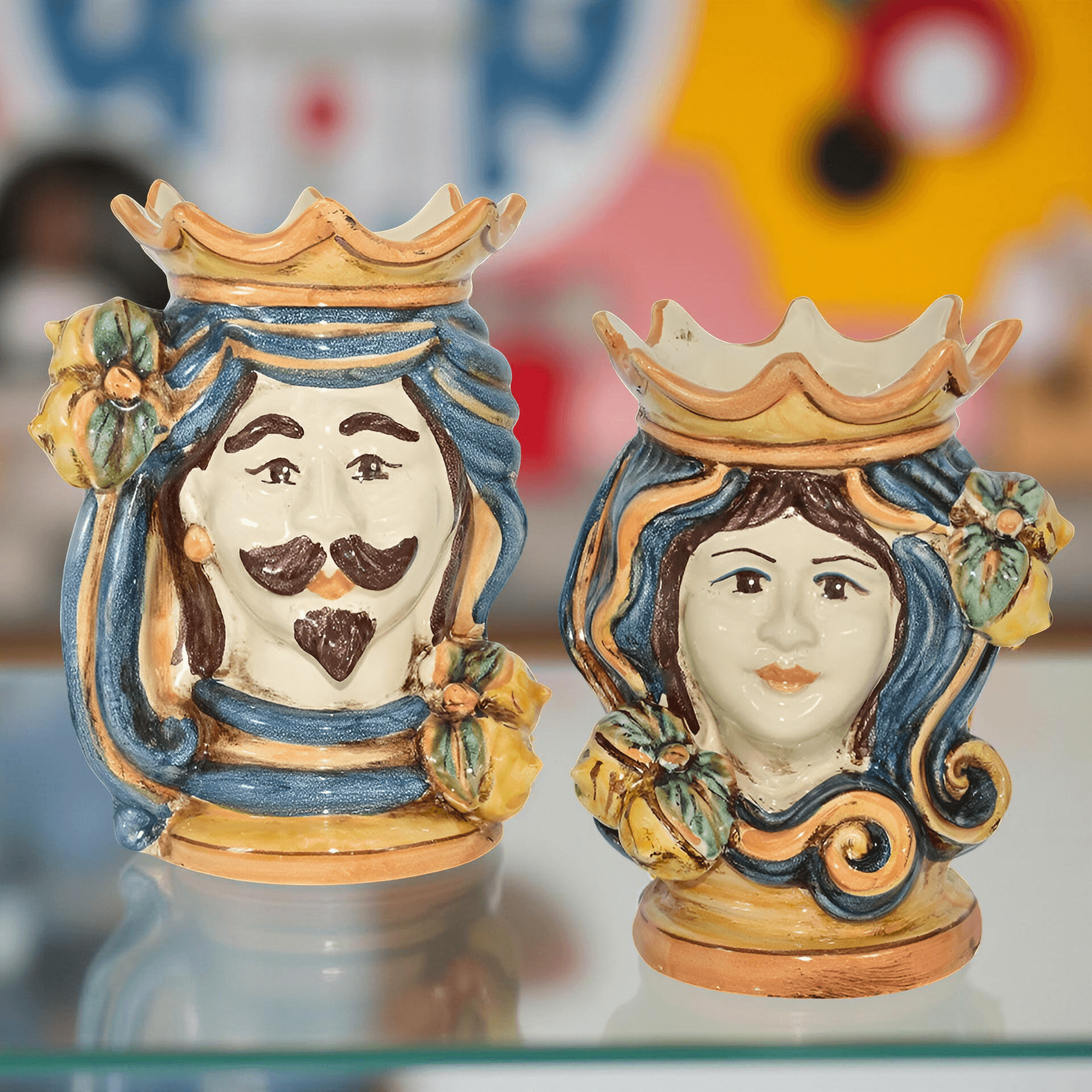 Coppia di Teste di moro h 15 in Blu e Arancio maschio bianco - Ceramiche di Caltagirone Sofia