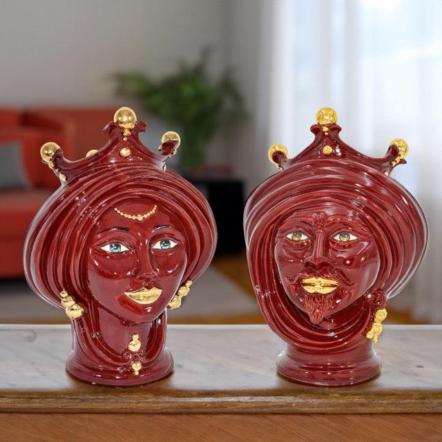 Coppia di Teste di moro h 30 Bordeaux e oro - Ceramiche di Caltagirone Sofia