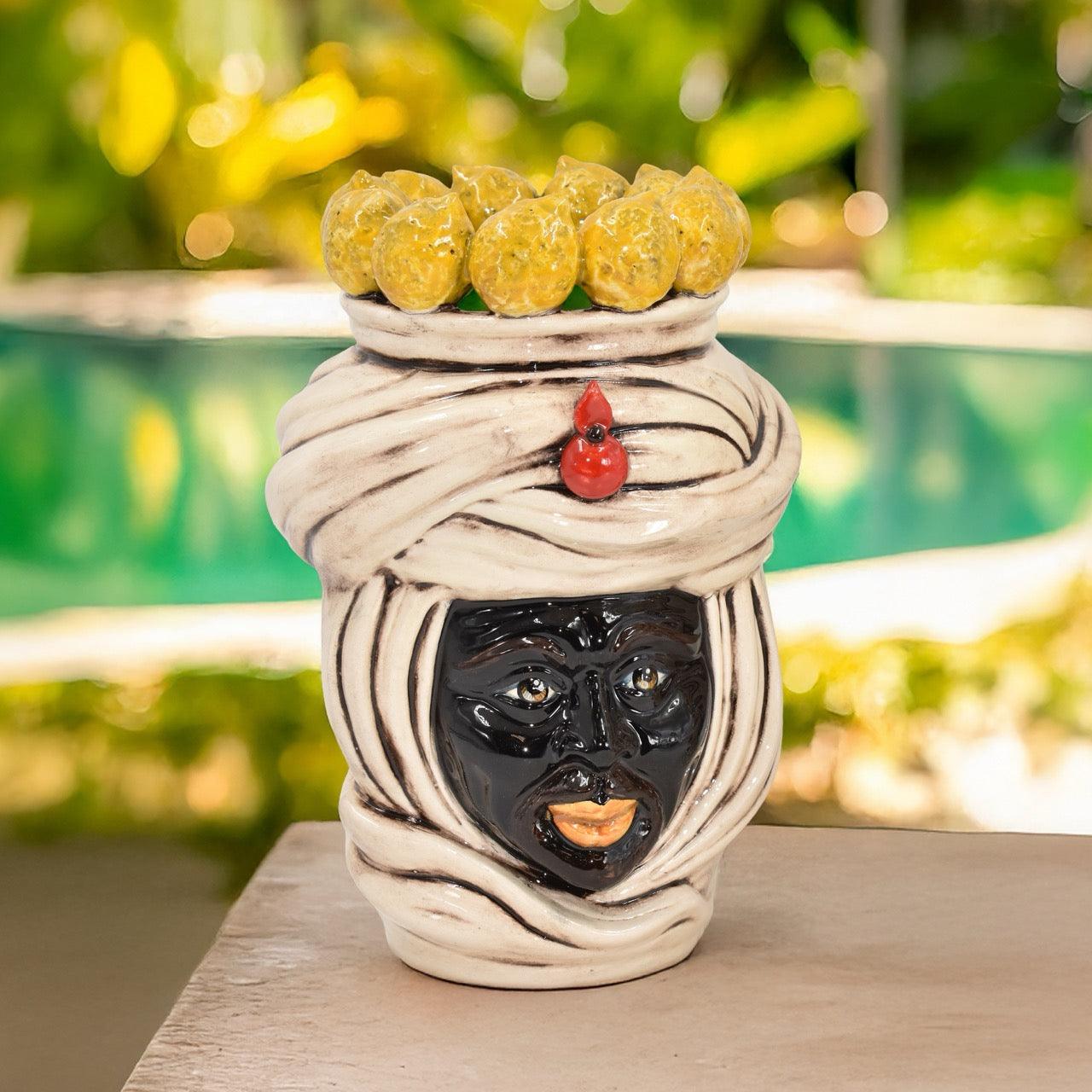 Coppia di Teste h 20 tuareg Limoni Siciliani Madreperla Antichizzato - Ceramiche di Caltagirone Sofia