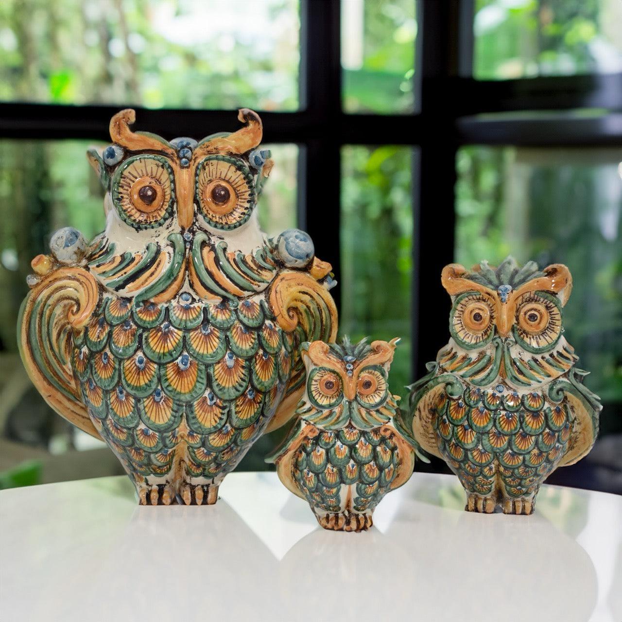 Gufo h 15 verde/arancio - Animali in ceramica - Ceramiche di Caltagirone Sofia