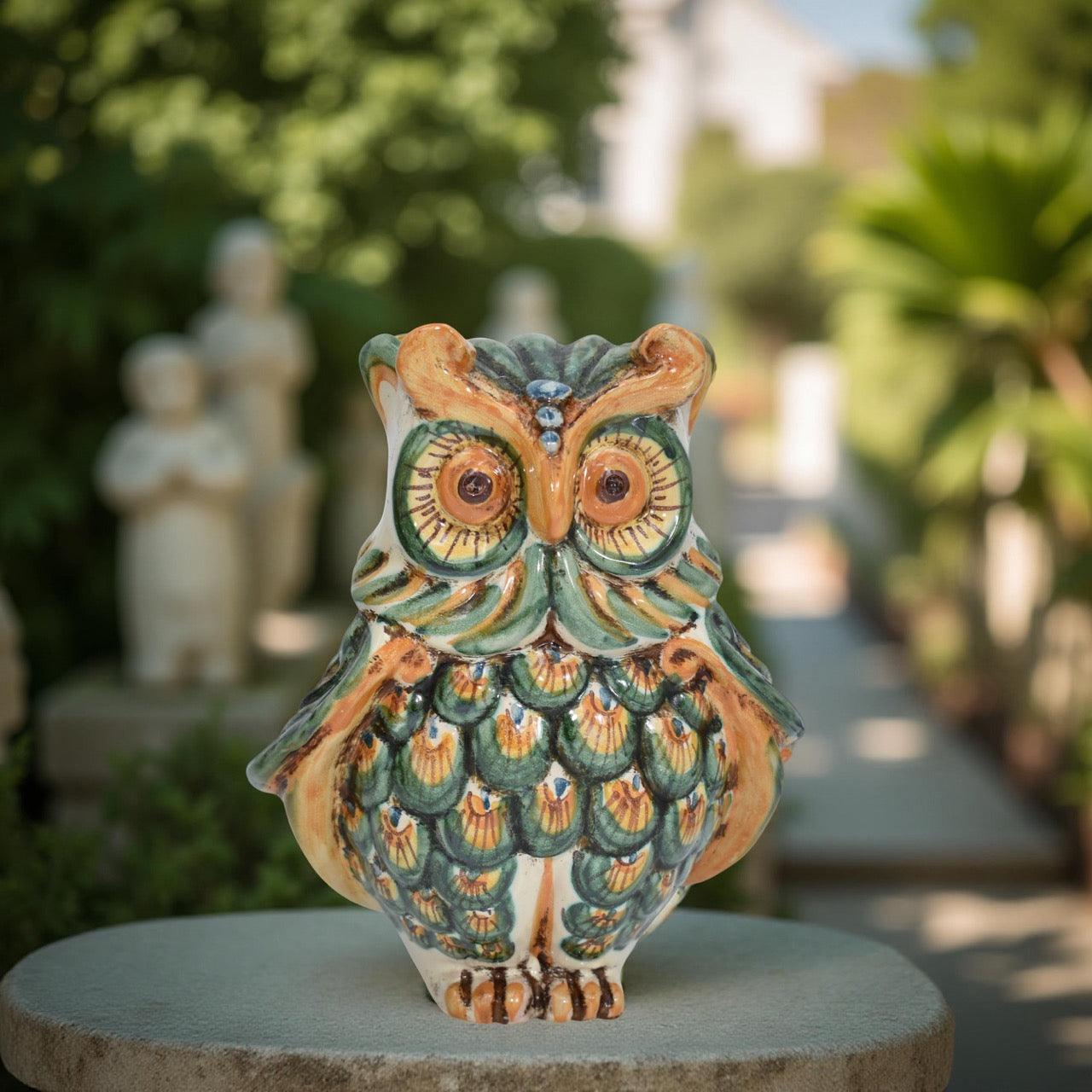 Gufo h 15 verde/arancio - Animali in ceramica - Ceramiche di Caltagirone Sofia